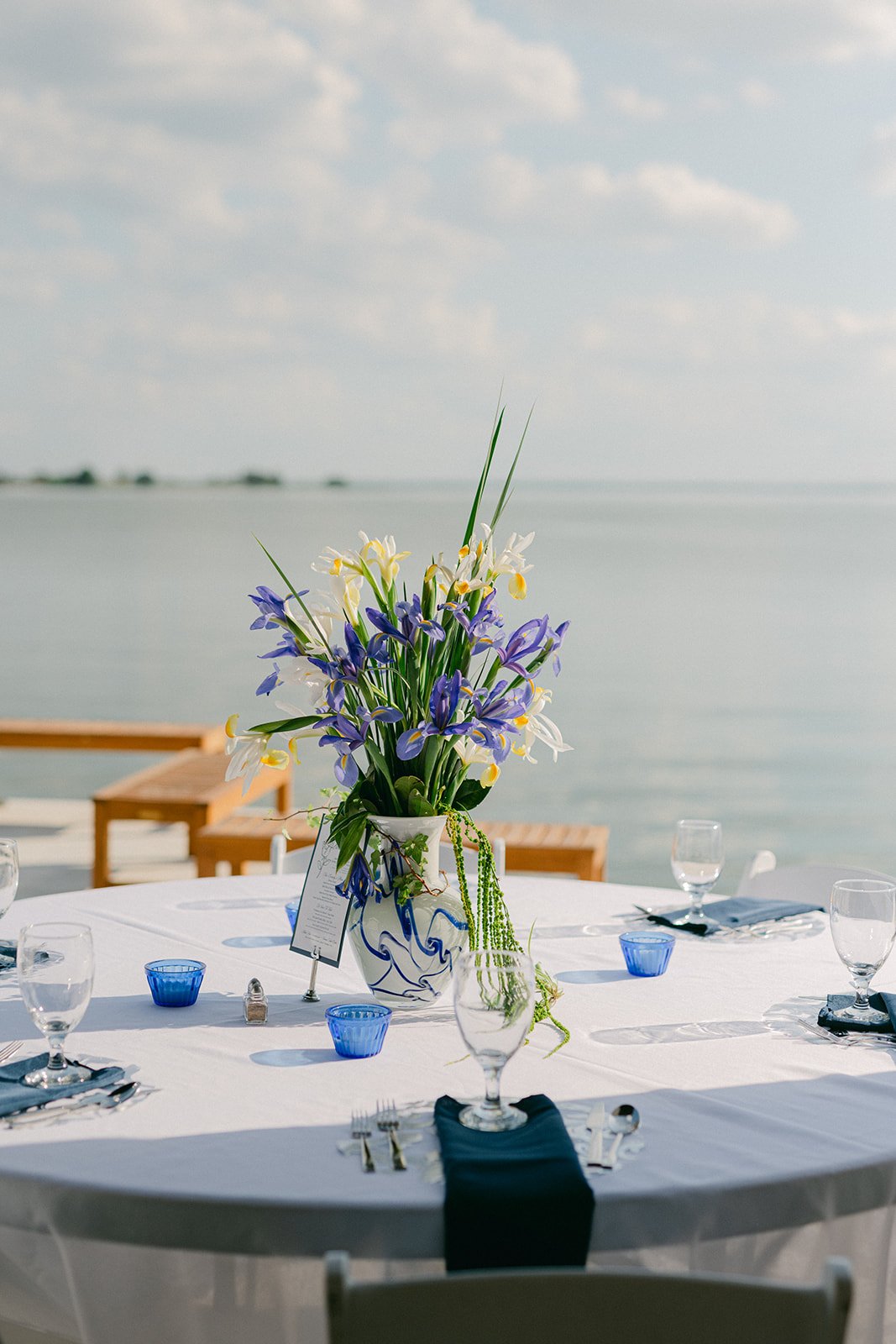Styled iris table setting at The Place at Lake Placid