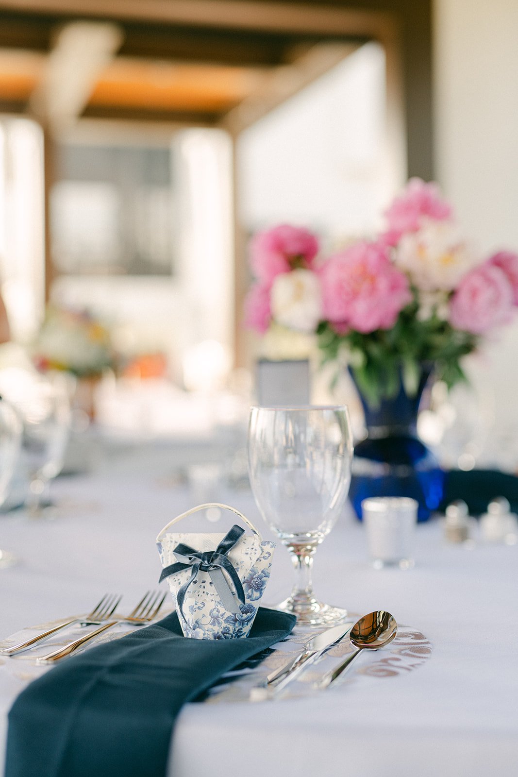 Wedding reception with peonies at The Place at Lake Placid